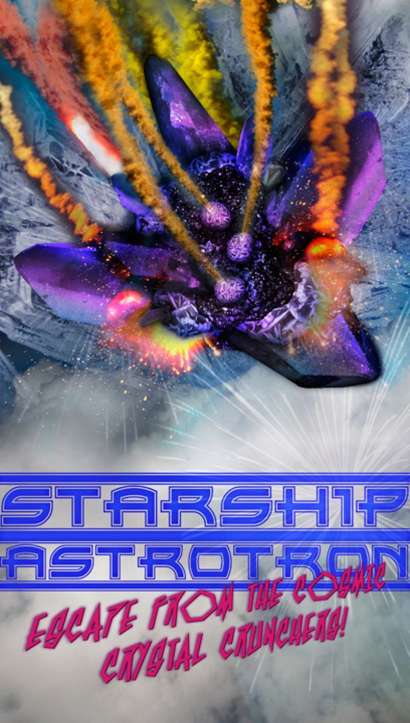 Vibrant digital art of a purple starship exploding with orange and yellow debris against a blue and white background.