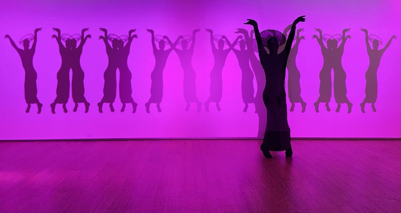 A dark silhouette of a figure with arms raised, standing before a purple wall with multiple lighter, shadowy figures.