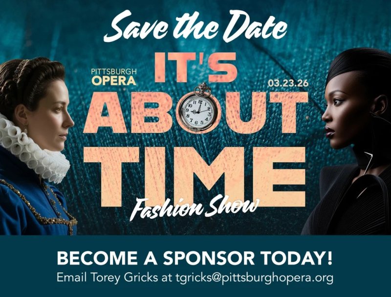 Save the Date It's About Time Fashion Show" poster. A woman in a blue Elizabethan gown faces a modern woman in black.
