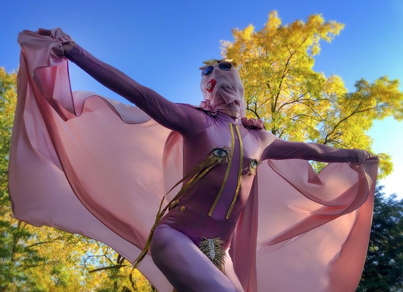 Low-angle shot of a person in a pink bodysuit and veil, wearing sunglasses, with arms outstretched holding a light pink fabric. Embellishments include eyes, gold ribbon, and spikes. Blue sky and trees in background.