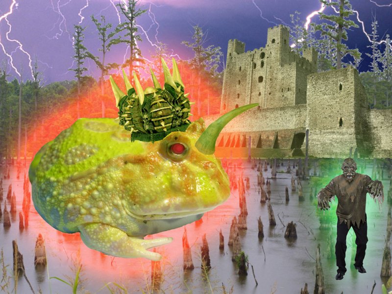 A horned frog wearing a spiked crown floats on a swamp with a castle and zombie under a lightning storm.
