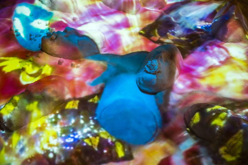 Sculptural installation with blue, brown, and black forms on a vibrant, abstract background of projected light in pink, yello