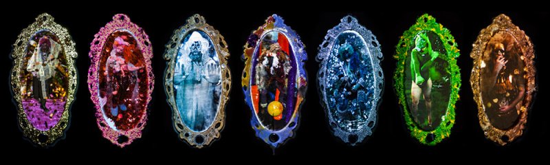 Eight ornate, oval-framed digital collages on a black background, each with a distinct color scheme and central figure.