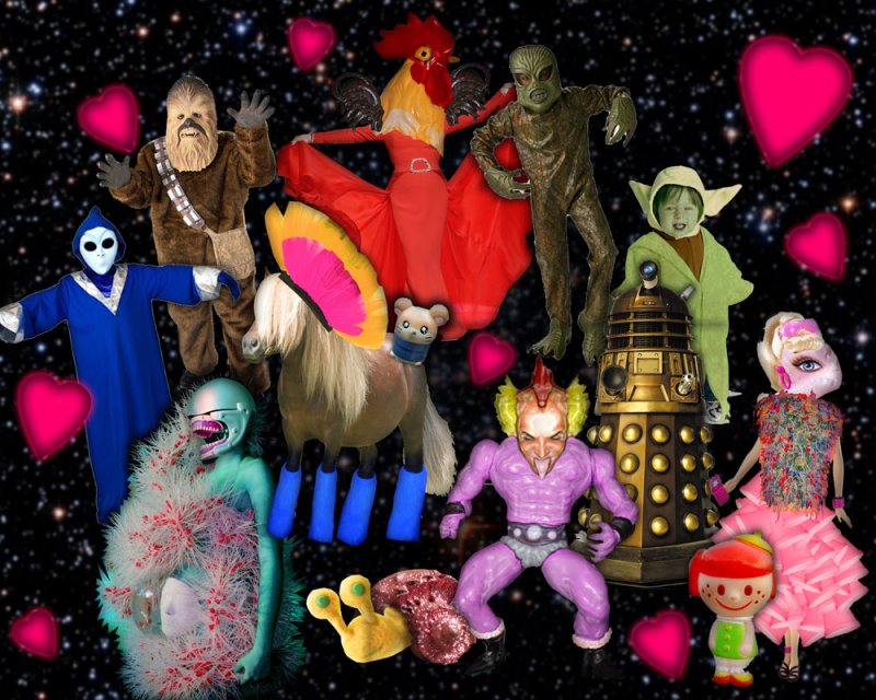 Collage of diverse costumed figures, including Chewbacca, a rooster, and a Dalek, against a starry background with pink heart