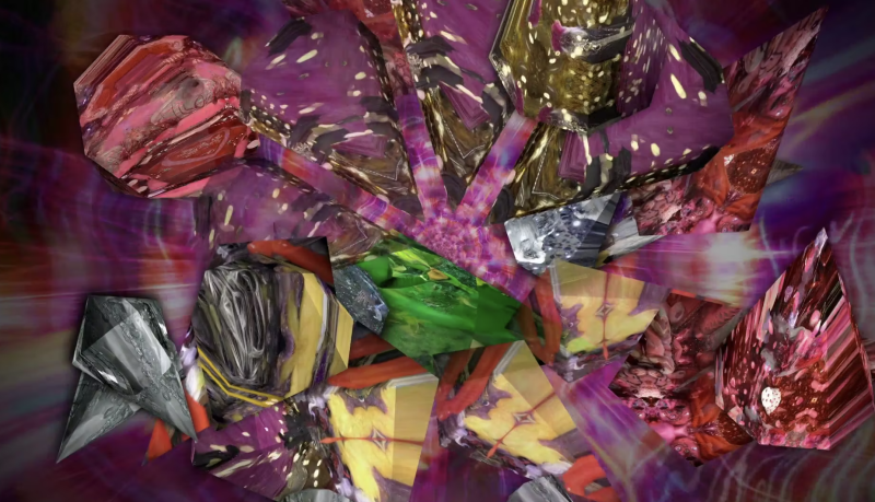 Abstract digital art with fragmented, colorful geometric shapes in purple, gold, red, green, and silver hues.