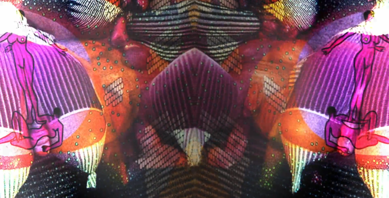 Abstract digital art with mirrored, distorted figures in vibrant pink, orange, and purple, featuring dotted textures.
