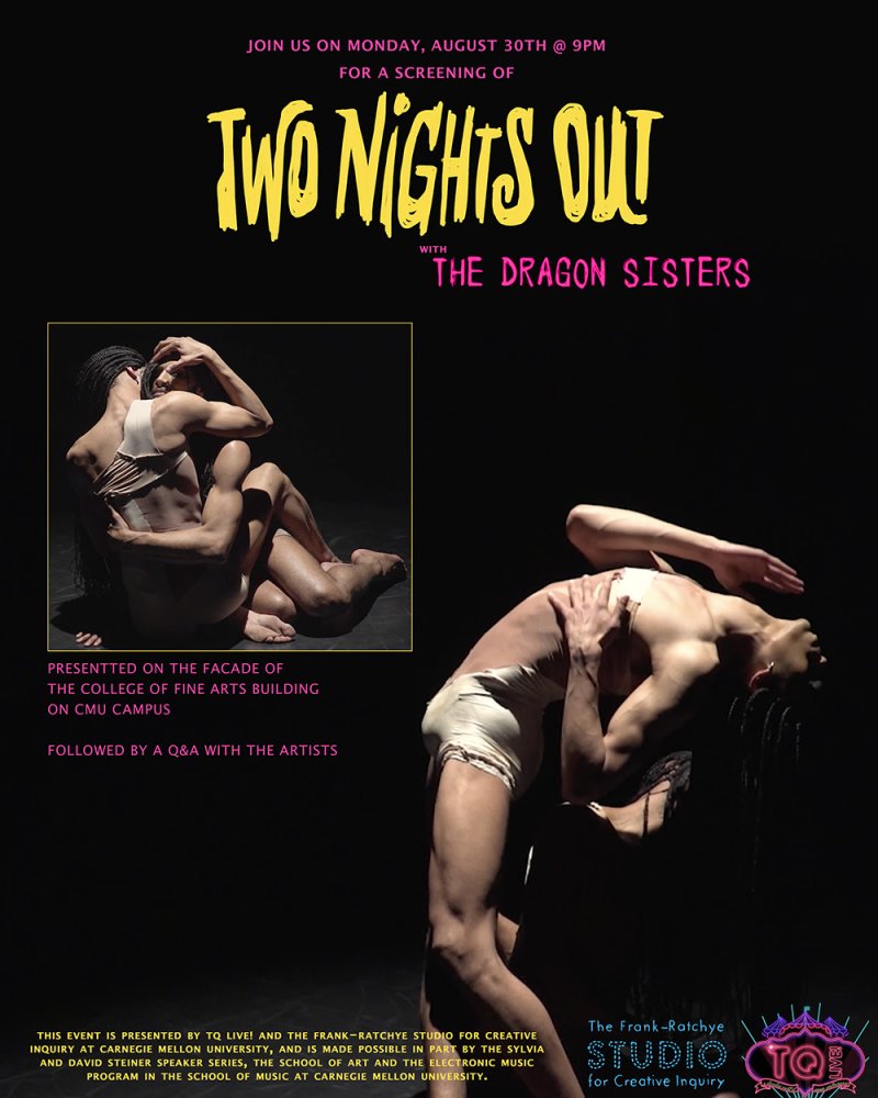 A poster for "Two Nights Out with The Dragon Sisters" featuring two dancers in light costumes, one bending backward, the other embracing.