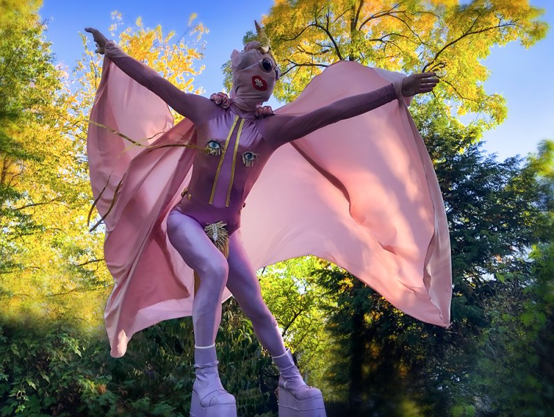 Scott N Andrew, Chimera: A figure in a pink bodysuit, mask, and platform shoes stands with arms outstretched, a cape flowing 