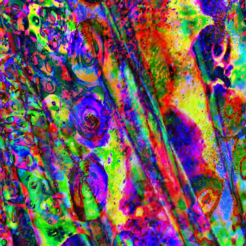 Abstract artwork with vibrant, swirling colors including neon green, blue, purple, red, and yellow, creating a textured, liqu