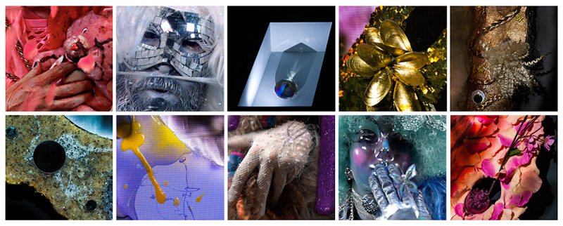 Ten-panel grid of diverse, abstract close-ups: hands, mirrored mask, iridescent orb, golden mussels, textured surfaces, and v