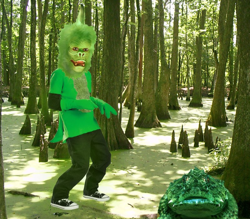 Green-furred monster in a swamp with cypress trees and a large green toad-like creature with glowing eyes.