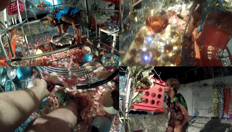 Four-panel video still of a party with people, confetti, and debris. Top left: person bending over in a messy room. Top right