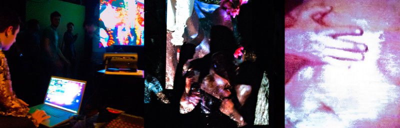 Multi-panel installation view: laptops, projector displaying colorful abstract images, and a dark sculpture with flowers, next to a blurred pink and white image of a hand.