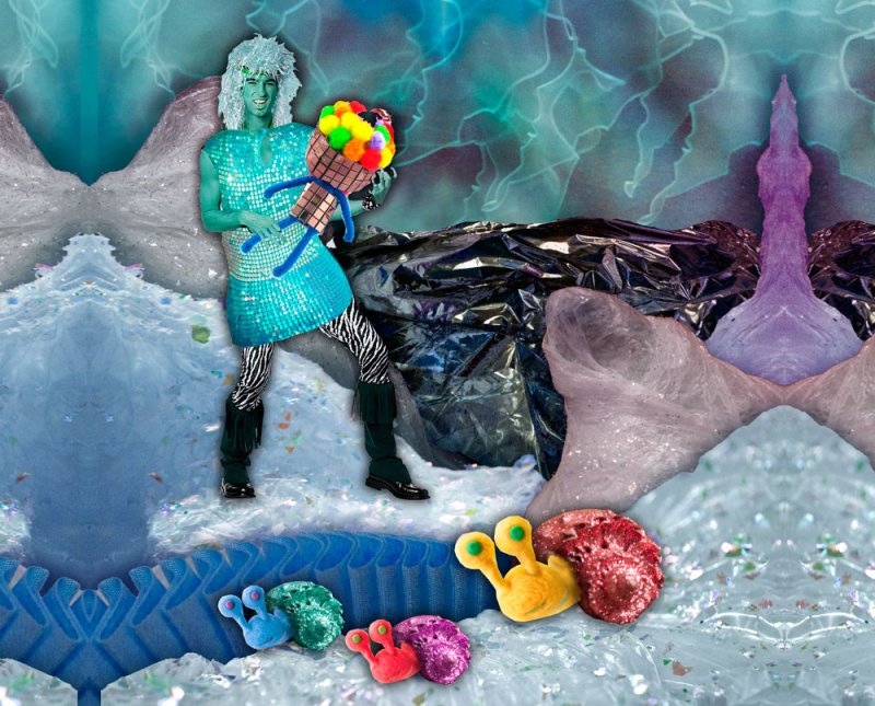 A person in a blue sequined dress and zebra-print leggings holds a colorful pom-pom weapon in a surreal, icy landscape.