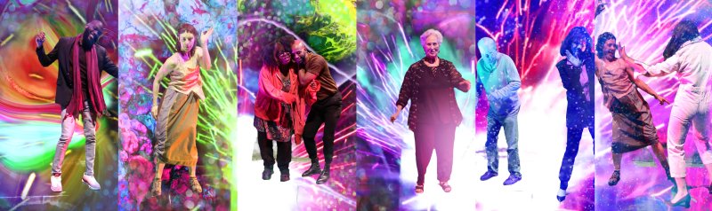 Seven diverse figures, some embracing or dancing, against a vibrant, abstract background of swirling colors and bright light streaks.