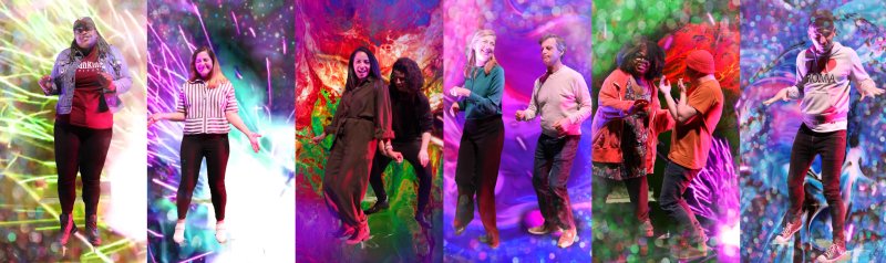 Eight people dancing against a vibrant, abstract background of swirling colors and light streaks.