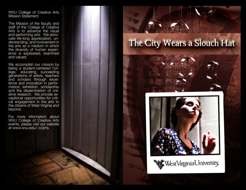Promotional poster for "The City Wears a Slouch Hat" by Scott N Andrew. A woman in a floral dress looks up, framed by a dark, textured background.