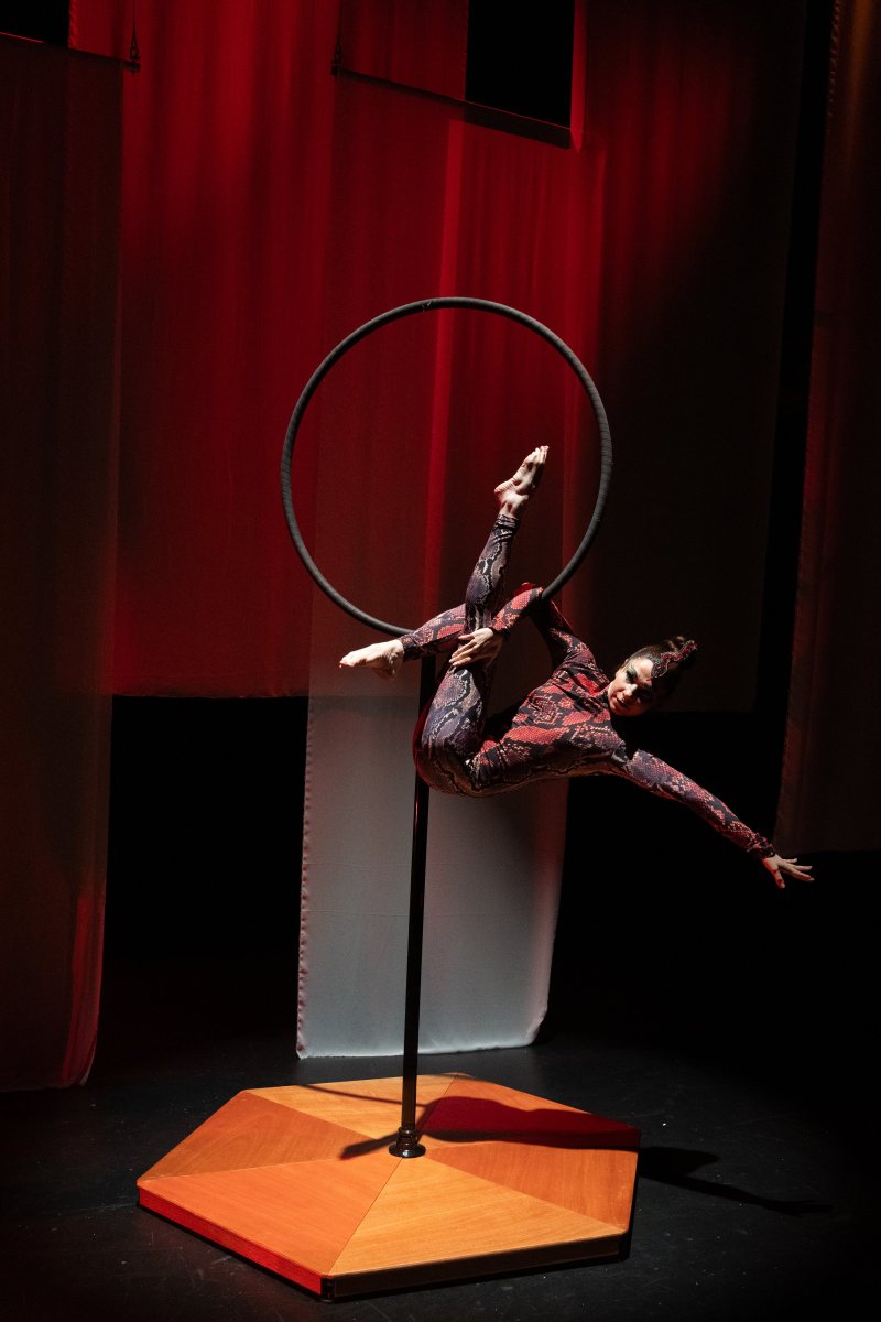 Acrobat in a patterned costume hangs upside down from a black aerial hoop, one leg extended, against a red and white backdrop.