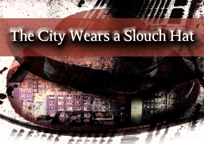 Distorted, textured image of a city skyline at night, with a dark slouch hat superimposed, and a red banner with the title.