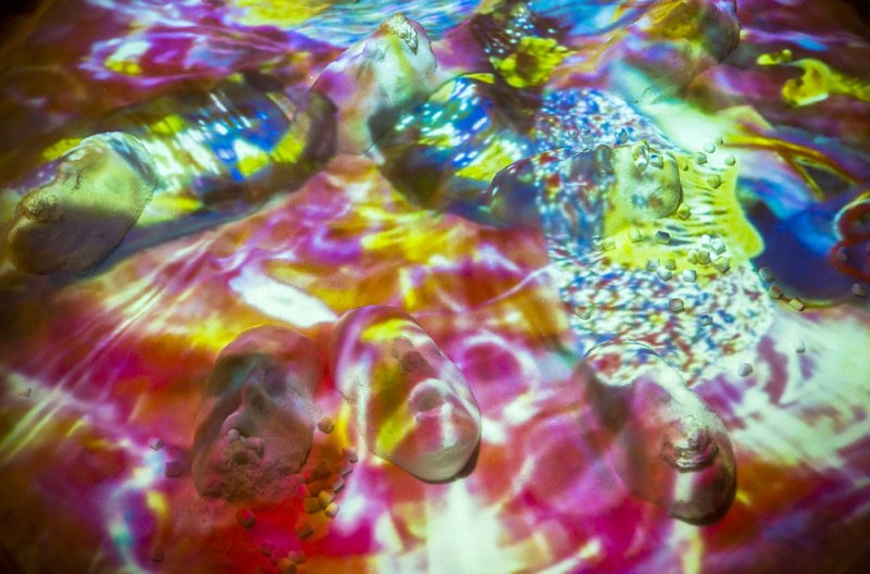 Abstract artwork with textured, rounded forms illuminated by vibrant pink, yellow, and blue light patterns.