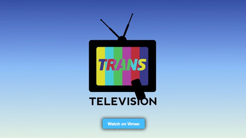 Stylized black television with antenna and remote, screen displaying "TRANS" in colorful letters over vertical stripes.