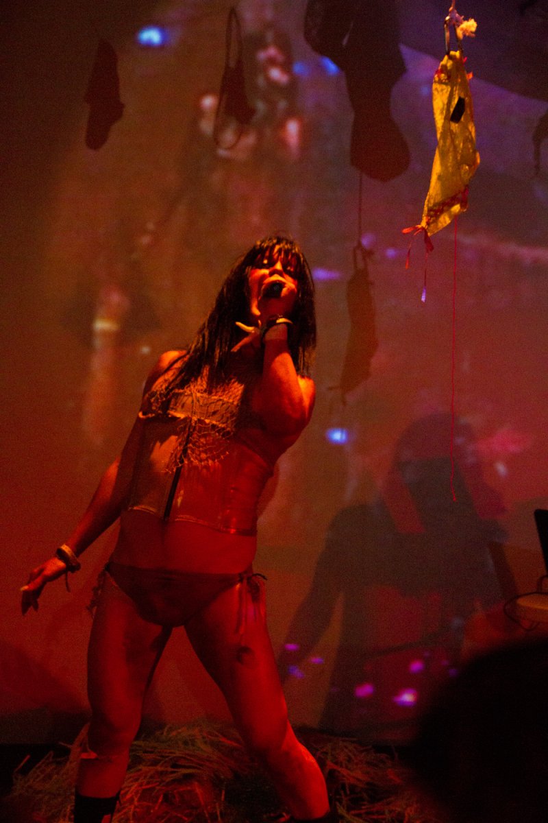 Performance art with a person in a corset and underwear singing into a microphone under red lights with hanging objects.