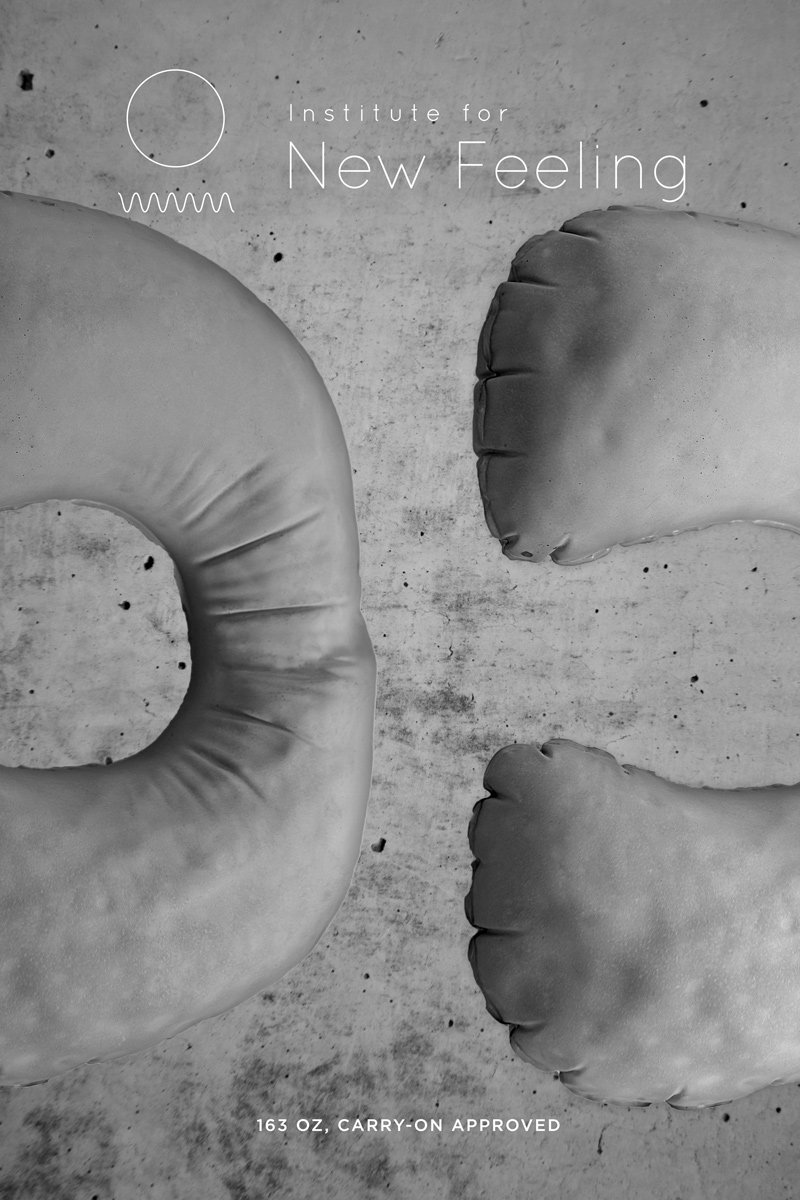 Monochromatic image of a curved neck pillow and two feet against a textured background, with text "Institute for New Feeling".