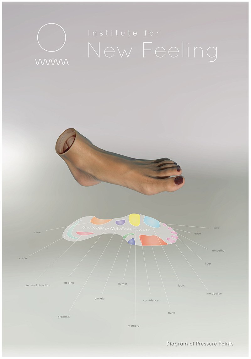 A severed foot with dark red nail polish floats above a colorful foot reflexology chart on a gray background.