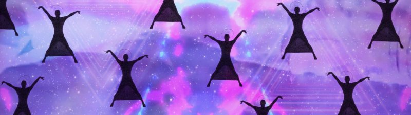 Digital artwork with repeating black silhouetted figures with halos, arms outstretched, on a vibrant purple and pink starry background.