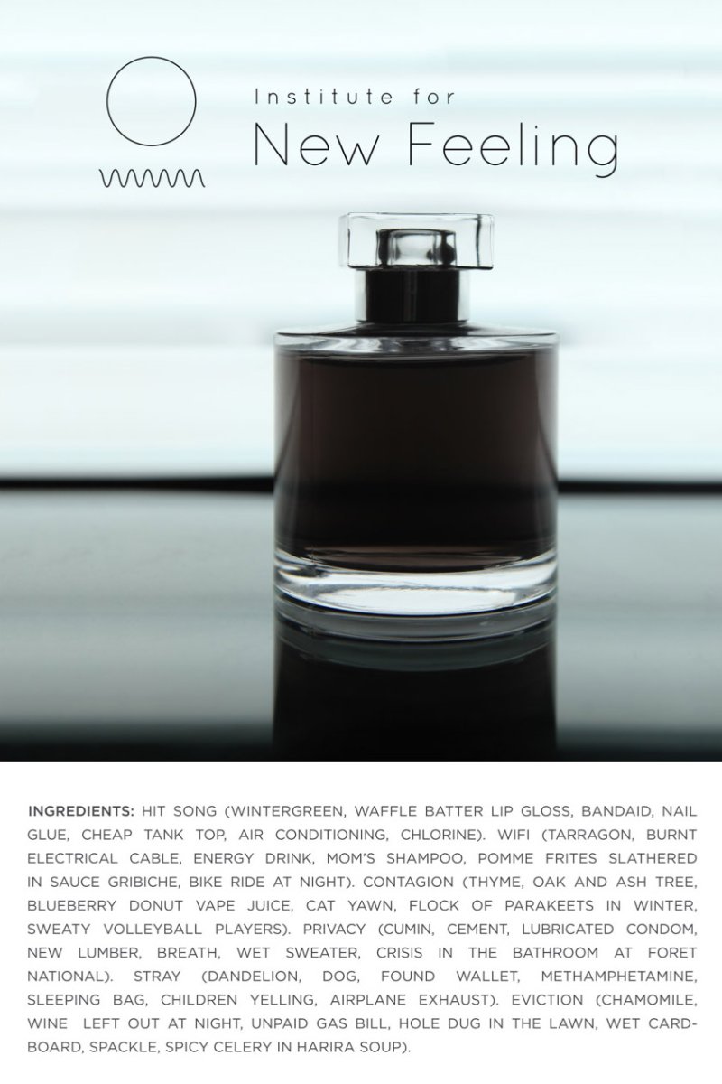 A perfume bottle with dark liquid and a clear cap, centered on a reflective surface, with text above and below.