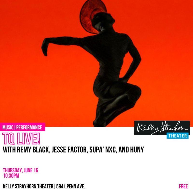Black silhouette of a dancer with a wide-brimmed hat against a vibrant red-orange background, with event text below.