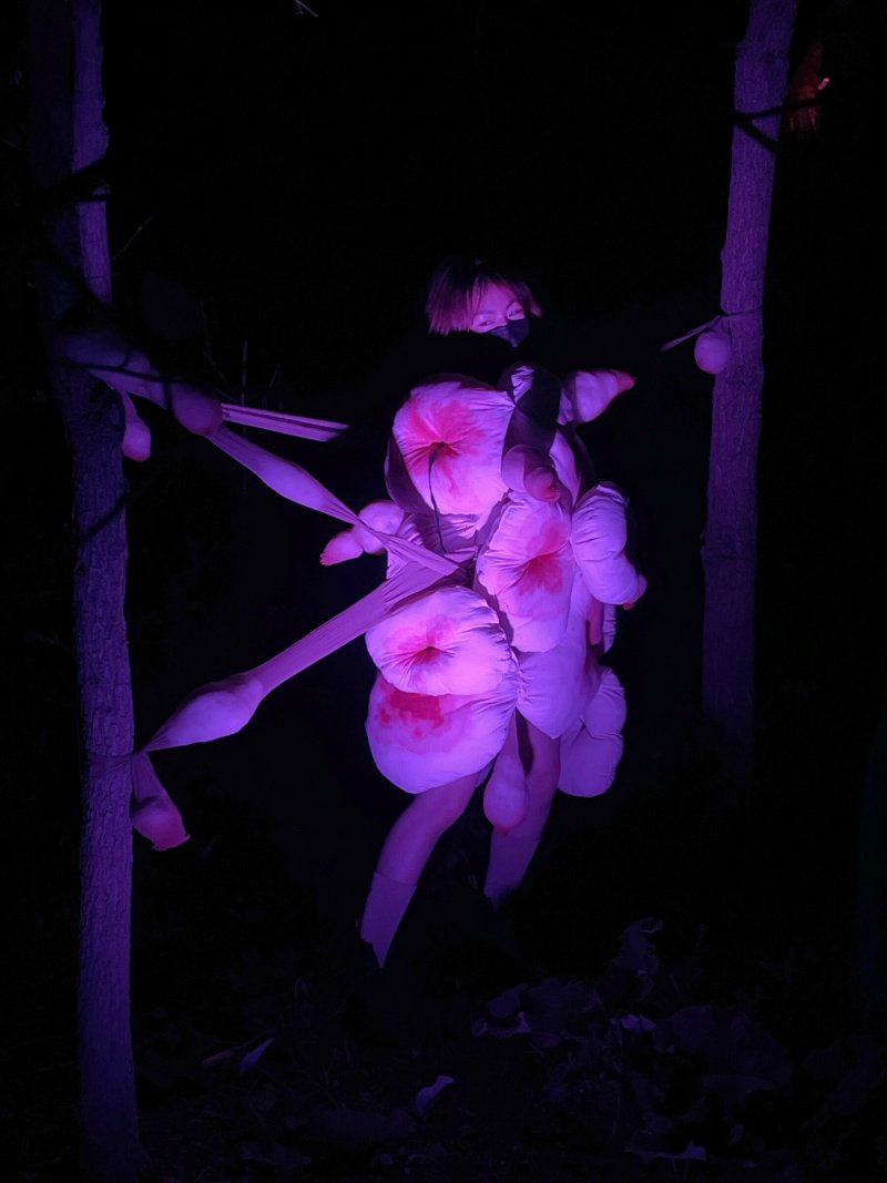 Person in puffy pink & white costume stands in dark woods, lit by purple light. Sculptural forms attached to trees.