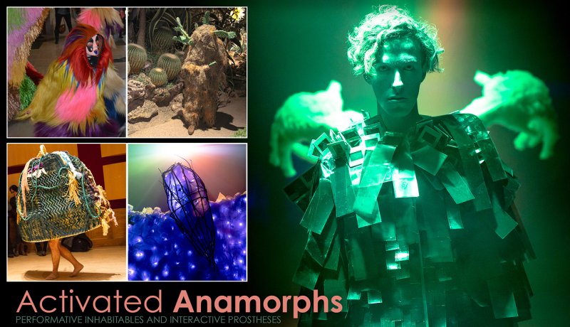 Collage of costumed figures: one in bright rainbow fur, one camouflaged as a cactus, one wearing a large patterned basket, one in a blue light-up cocoon, and one in a green film-strip suit.