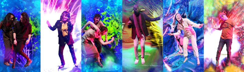 Six panels show people dancing in vibrant, abstract digital environments with bright pink, blue, green, and yellow light effects.