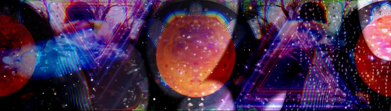 Abstract digital artwork with vibrant red, orange, blue, and purple hues, featuring glowing orbs, triangles, and speckled textures on a dark background.