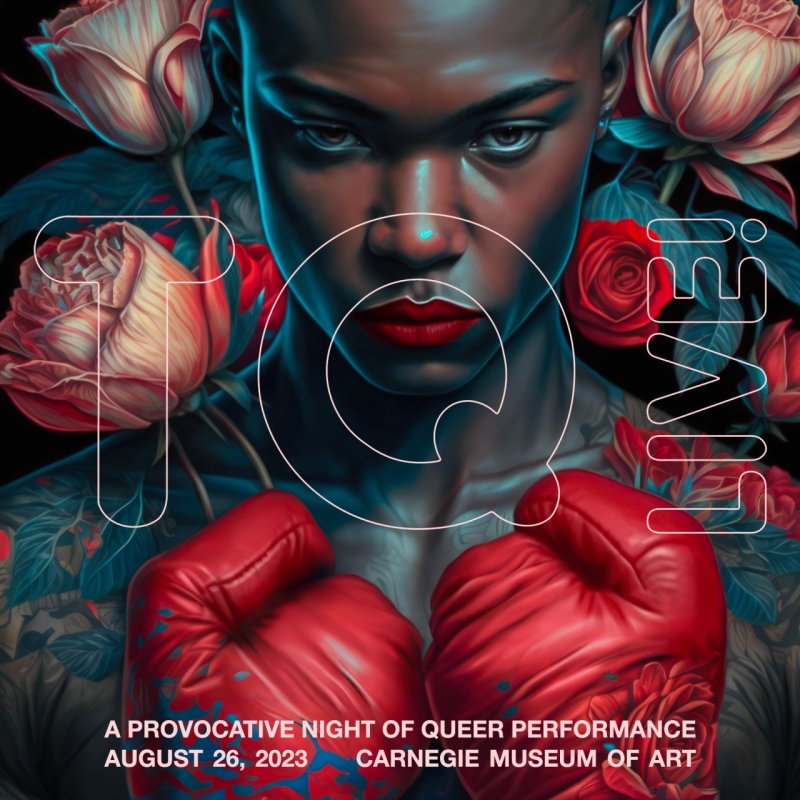 Digital painting of a person with dark skin, red lips, and boxing gloves, surrounded by red and pink roses.