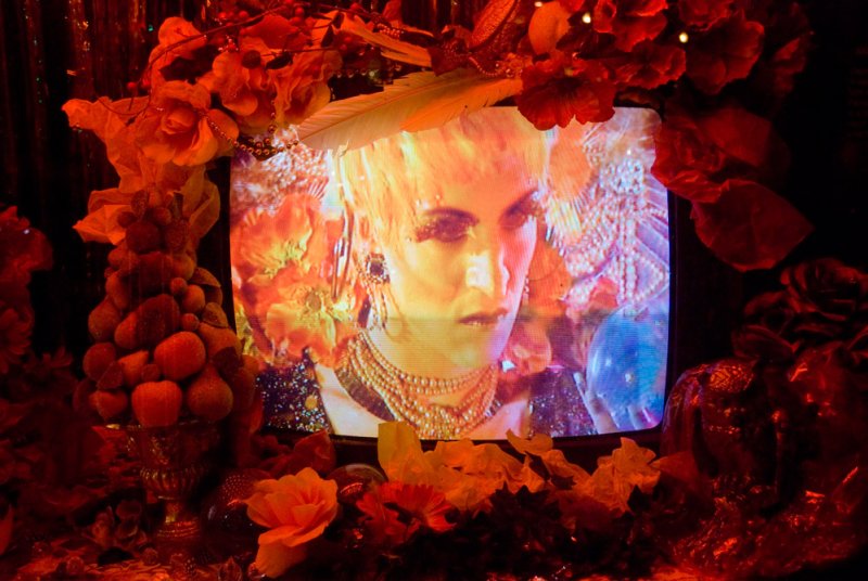 Ornate still life with a TV screen displaying a drag queen, surrounded by red and orange flowers, fruit, and feathers.