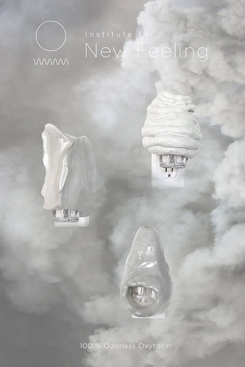 Three white, organic-shaped air fresheners plugged into outlets, floating amidst white clouds. Text reads "Institute for New Feeling" and "100% Odorless Oxytocin.