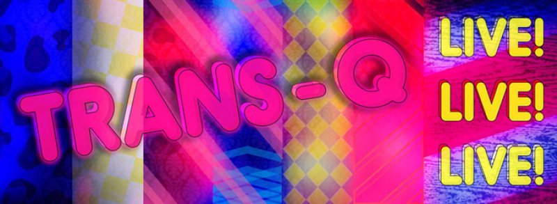 TRANS-Q" in pink bubble letters on a vibrant, patterned background with "LIVE!" repeated vertically on the right.