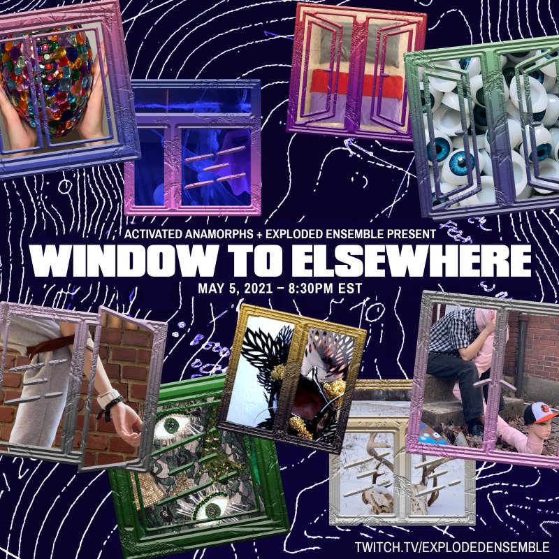 Poster with nine framed windows showing diverse scenes, including a colorful heart, eyes, and figures, on a dark background with white lines.