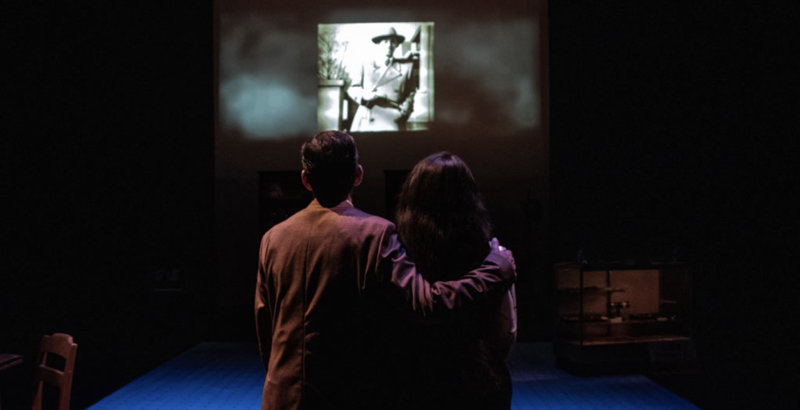 Two figures from behind, one's arm around the other, watching a black and white film projection in a dark room.