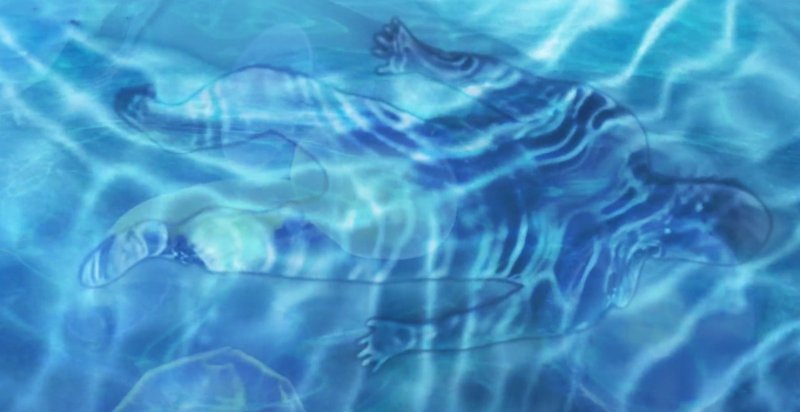 Blue-toned digital artwork of a figure submerged in water, with light ripples distorting the form.