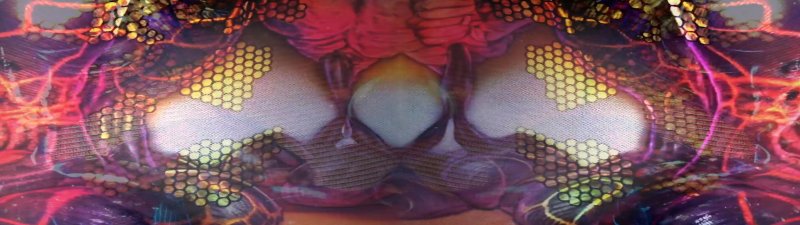 Abstract digital art with a central light gray oval, surrounded by red, purple, and yellow organic shapes with honeycomb patterns.