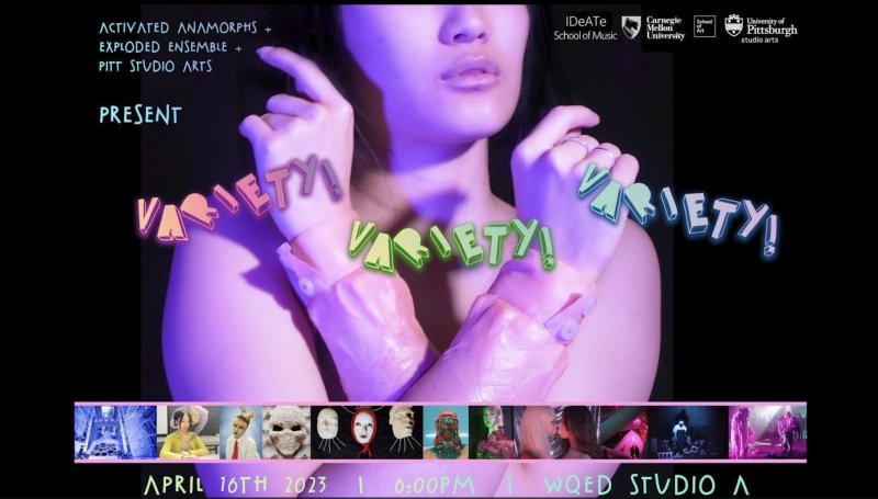 Close-up of a person's face and hands under purple lighting, with the word "Variety!" repeated in colorful, stylized text. A strip of thumbnails shows diverse images below.