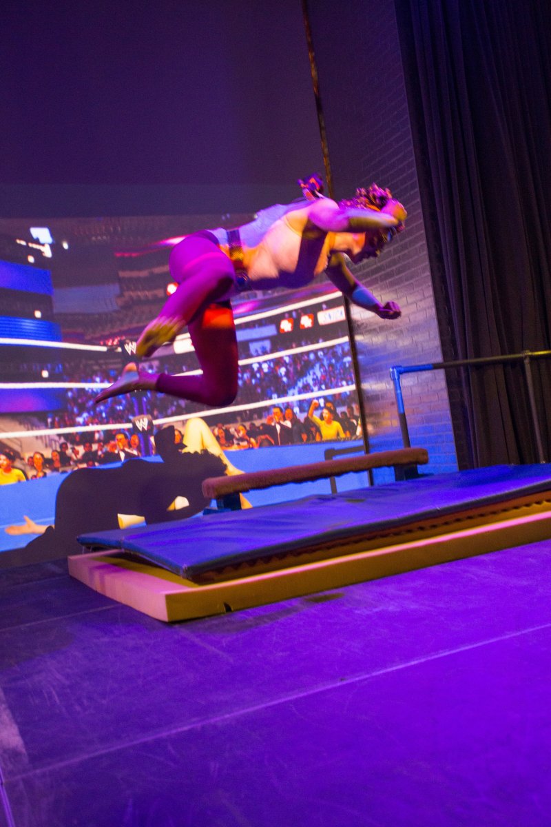 Performance art piece featuring a figure leaping over a blue mat and wooden beam, bathed in purple light. A screen behind shows a wrestling arena scene. Brick wall and dark curtains are visible on the right.