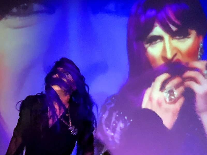 Installation featuring a person with long dark hair and a black outfit in the foreground, with a large projected face with dark hair and hands with rings in the background, bathed in blue and purple light.