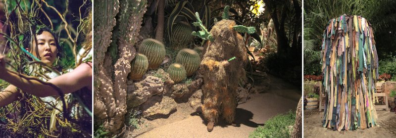 Three images: a woman in vines, a person in a cactus suit, and a standing garment made of colorful fabric strips.