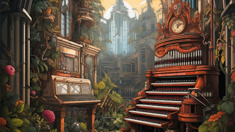 Steampunk organ and piano in a lush, overgrown garden with towering, ornate buildings under a warm, hazy sky.