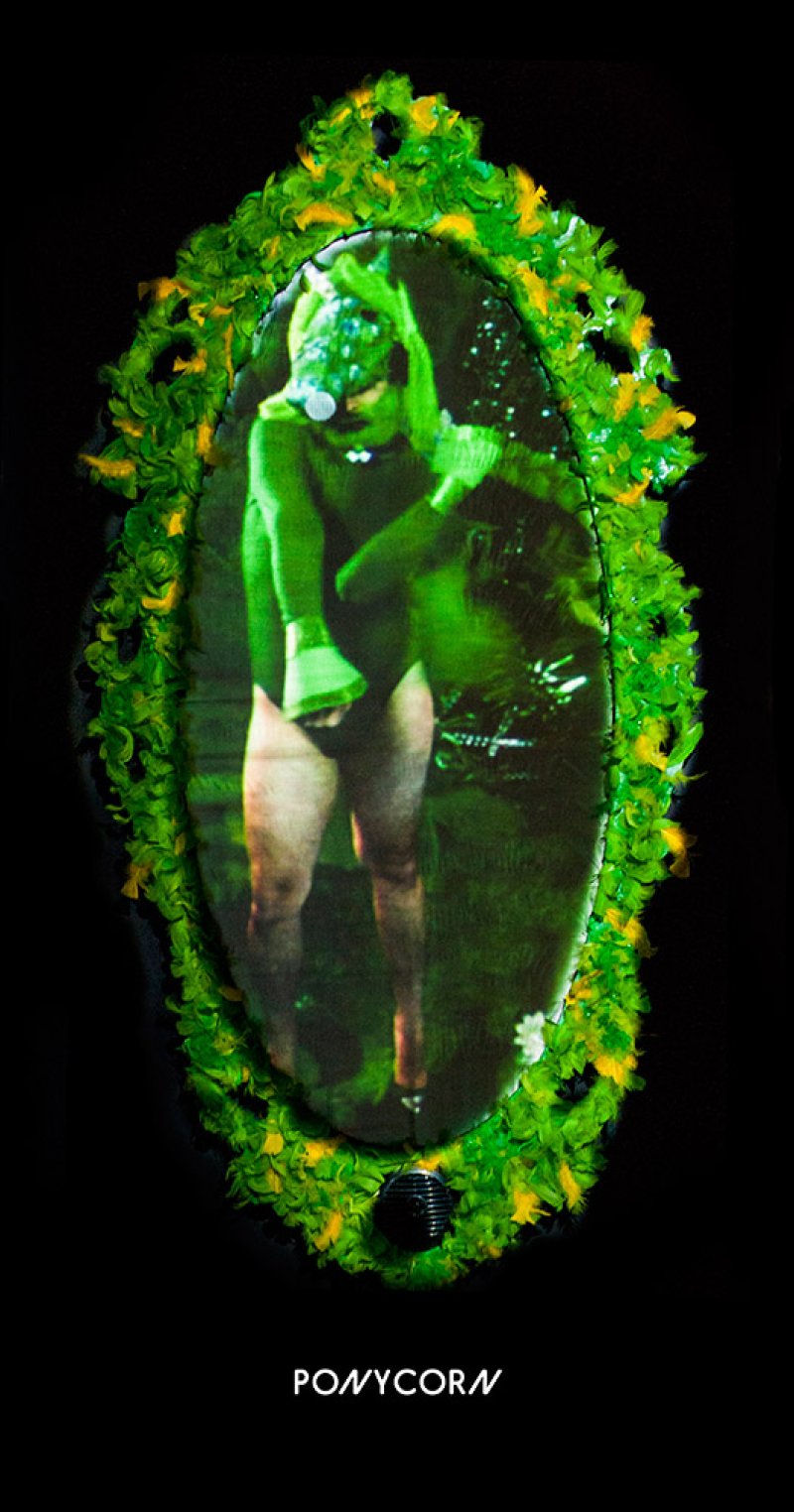Oval mirror with a green feathered frame, reflecting a person in a green mask, snorkel, and swimsuit.