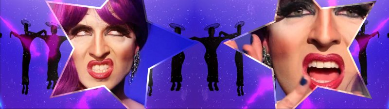 Two drag queens in star-shaped frames, one with purple hair, the other with red lips, against a purple, starry background with silhouetted figures.